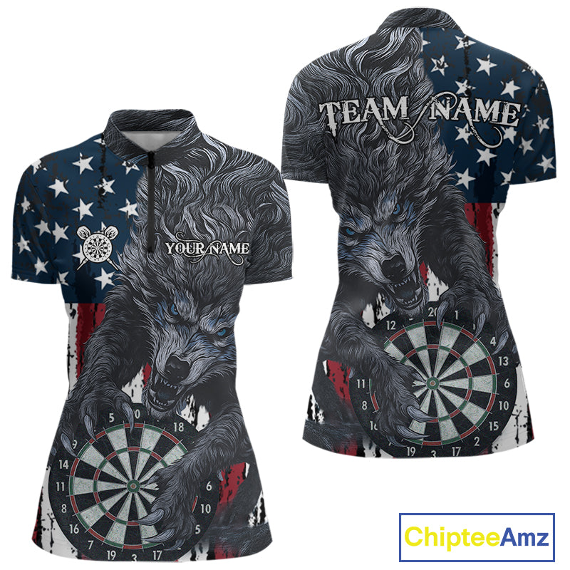 Personalized Grunge American Flag Wolf Darts Shirt For Women, Patriotic Dart Team Jerseys TDM5187