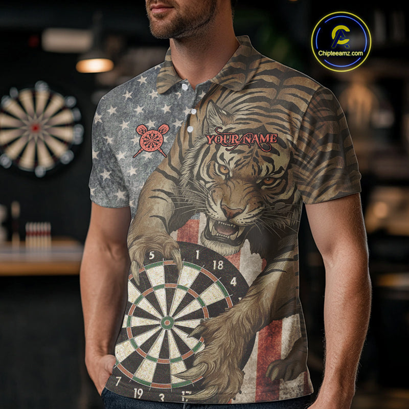 Personalized Vintage American Flag Tiger Darts Shirt For Men, Patriotic Dart Team Jerseys TDM5189