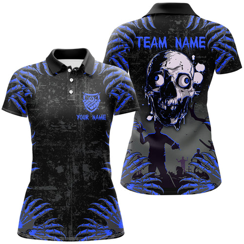 Funny Skull Claw Pattern Custom Women Billiard Shirts, Grunge Blue Black Cool Billiard Jerseys TDM3202