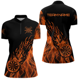 Black And Orange Dartboard Fire Flame Darts Polo, Quarter Zip Custom Dart Shirt For Women Dart Jersey TDM3410