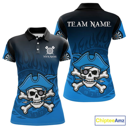 Black And Blue Funny Pirate Flame Skull Darts Shirt For Women Custom Dart Jersey Team Polo, 1/4 Zip TDM5703
