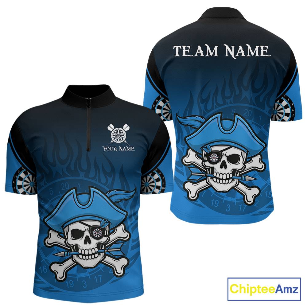 Black And Blue Funny Pirate Flame Skull Darts Shirt For Men Custom Dart Jersey Team Polo, 1/4 Zip TDM5703