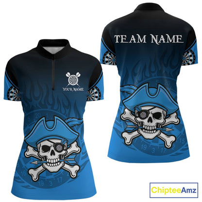Black And Blue Funny Pirate Flame Skull Darts Shirt For Women Custom Dart Jersey Team Polo, 1/4 Zip TDM5703