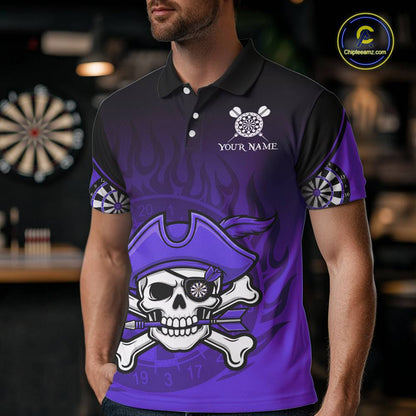 Black Purple Funny Pirate Flame Skull Darts Shirt For Men Custom Dart Jerseys Team Polo & 1/4 Zip TDM5704