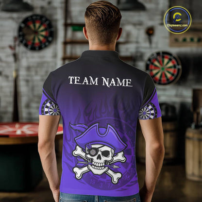 Black Purple Funny Pirate Flame Skull Darts Shirt For Men Custom Dart Jerseys Team Polo & 1/4 Zip TDM5704