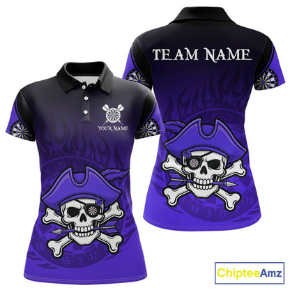 Black Purple Funny Pirate Flame Skull Darts Shirt For Women Custom Dart Jerseys Team Polo & 1/4 Zip TDM5704