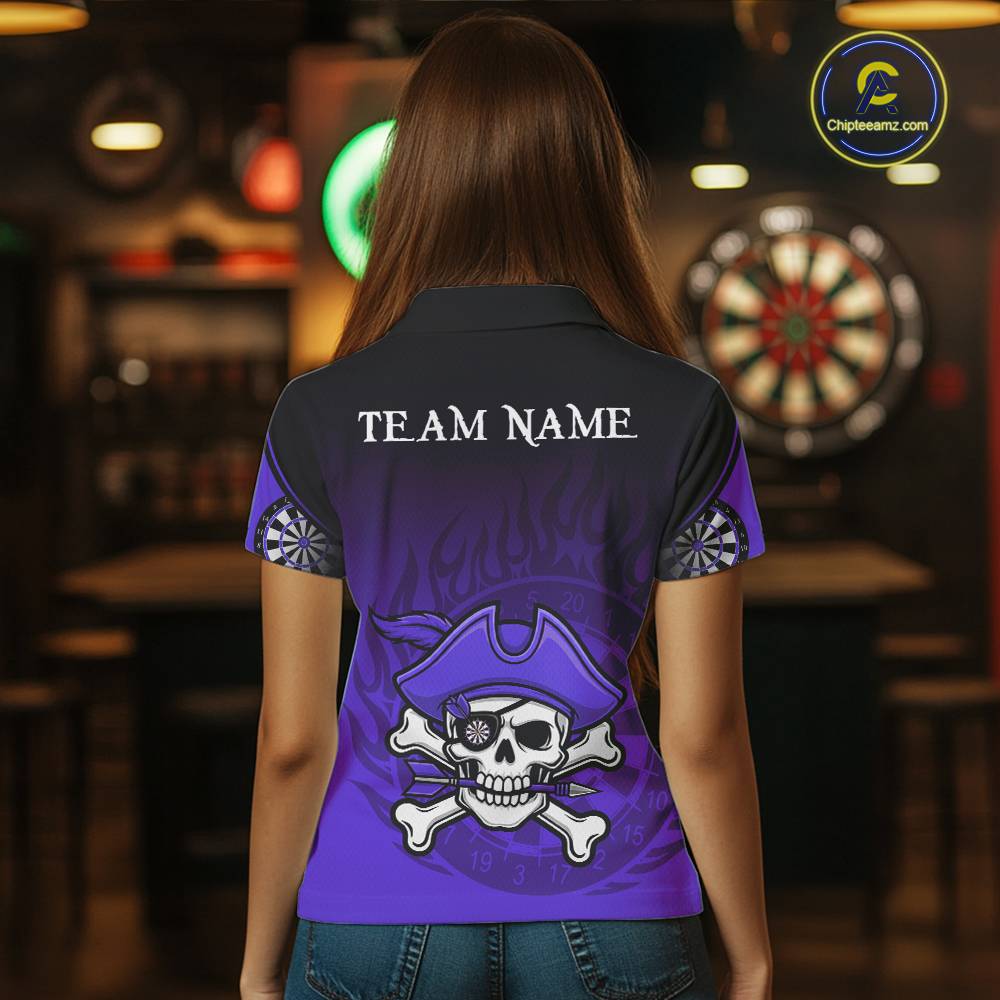 Black Purple Funny Pirate Flame Skull Darts Shirt For Women Custom Dart Jerseys Team Polo & 1/4 Zip TDM5704