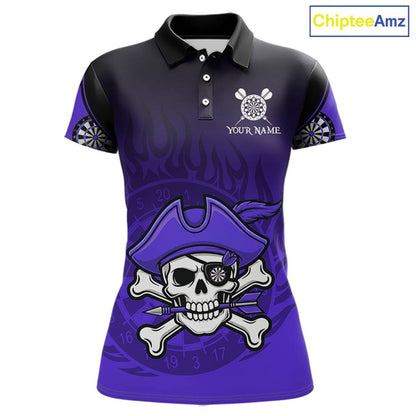 Black Purple Funny Pirate Flame Skull Darts Shirt For Women Custom Dart Jerseys Team Polo & 1/4 Zip TDM5704