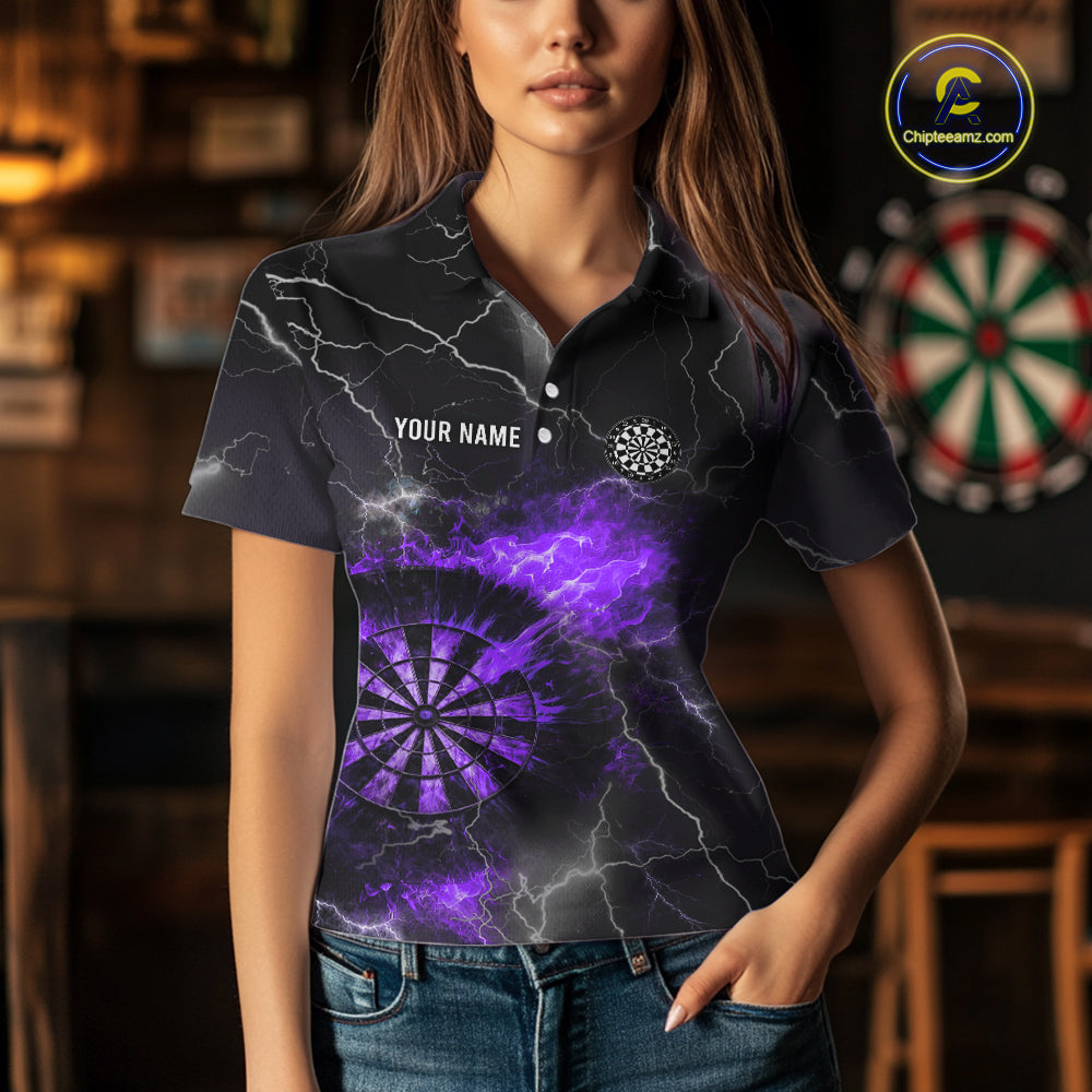 Custom Lightning Flame Purple Dart Shirt For Women, Darts Jersey Pocket Option TDM5914