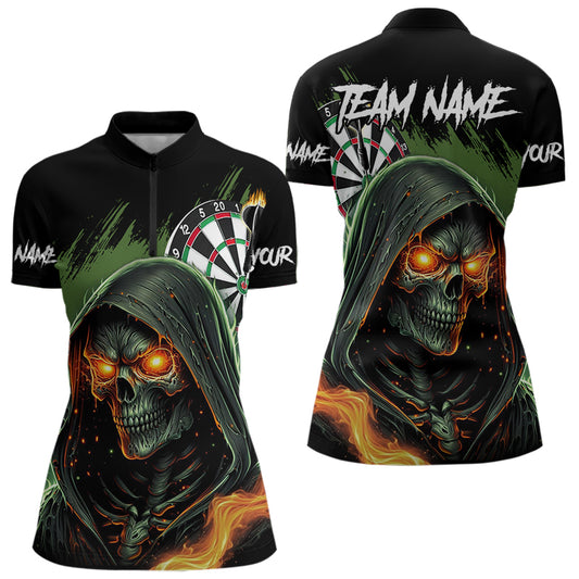 Personalized Green Grim Reaper Fire Dart Shirts For Women Custom Skull Dart Jersey Polo & 1/4 Zip TDM3711