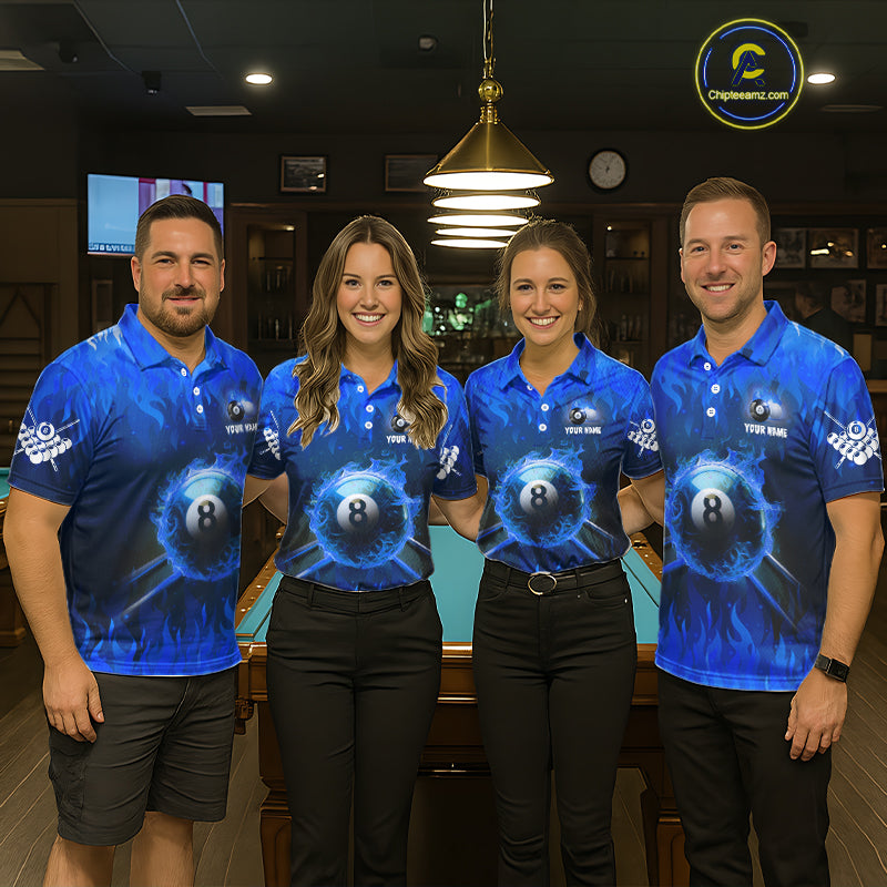 Personalized Blue 8 Ball Fire Flame Billiard Shirt For Women, Pool Team Jersey Polo & 1/4 Zip TDM1434