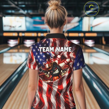 Glowing American Flag Funny Bowling Shirt For Women Custom Patriotic Bowling Jersey Polo & 1/4 Zip TDM6319