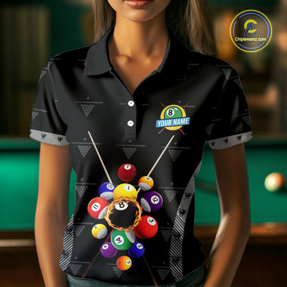 Custom Black Billiard Jerseys Polo & Quarter Zip For Women, 8 Ball Pool Billiard Team Shirts TDM3979