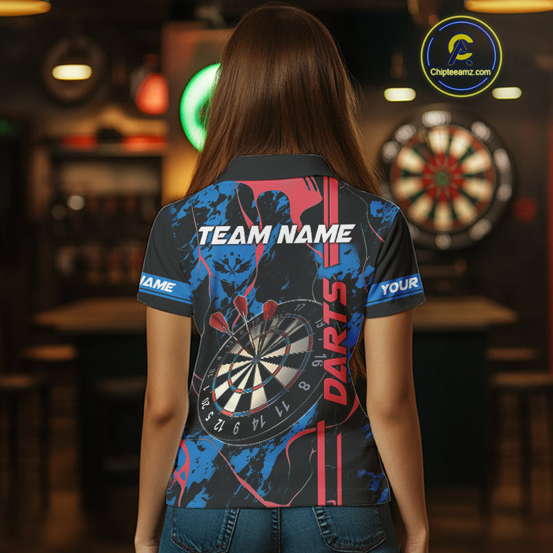 Custom Women's Dart Shirt - Grunge Blue And Red Dartboard Paint Splash Polo & Quarter Zip Jersey TDM3981