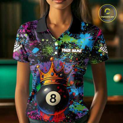 Funny 8 Ball Crown Colorful Paint Splash Custom Billiard Shirt For Women, Billiard Team Jerseys TDM3982