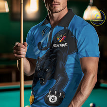 Load image into Gallery viewer, Custom Blue 8 Ball &amp; 9 Ball Panther Billiard Shirt For Men, Billiard Team Jersey Polo &amp; 1/4 Zip TDM6494