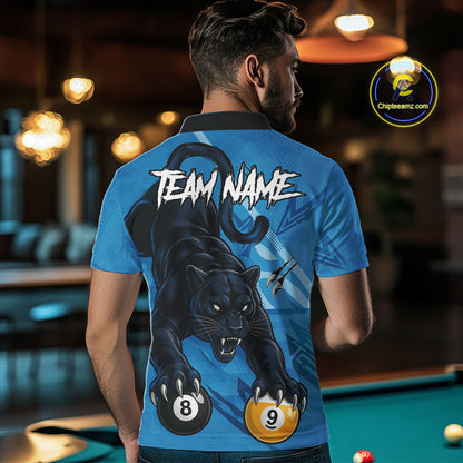 Custom Blue 8 Ball & 9 Ball Panther Billiard Shirt For Men, Billiard Team Jersey Polo & 1/4 Zip TDM6494