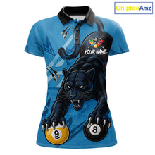 Load image into Gallery viewer, Custom Blue 8 Ball &amp; 9 Ball Panther Billiard Shirt For Women, Billiard Team Jersey Polo &amp; 1/4 Zip TDM6494