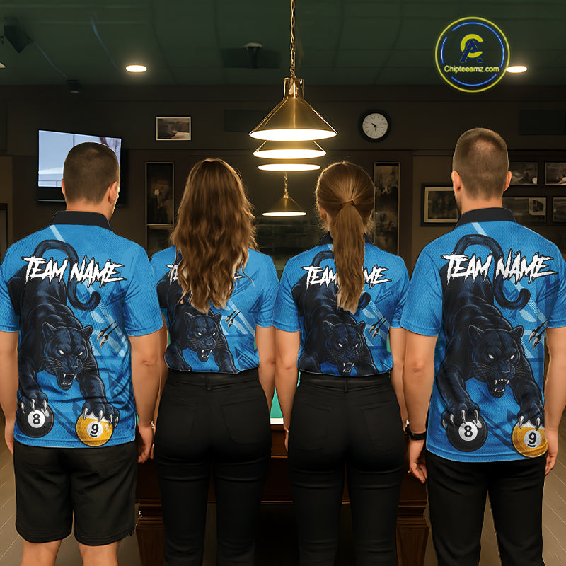 Custom Blue 8 Ball & 9 Ball Panther Billiard Shirt For Women, Billiard Team Jersey Polo & 1/4 Zip TDM6494