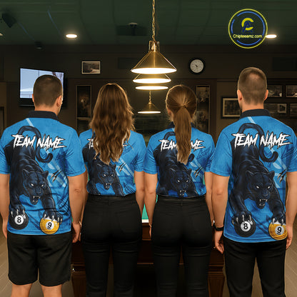Custom Blue 8 Ball & 9 Ball Panther Billiard Shirt For Women, Billiard Team Jersey Polo & 1/4 Zip TDM6494