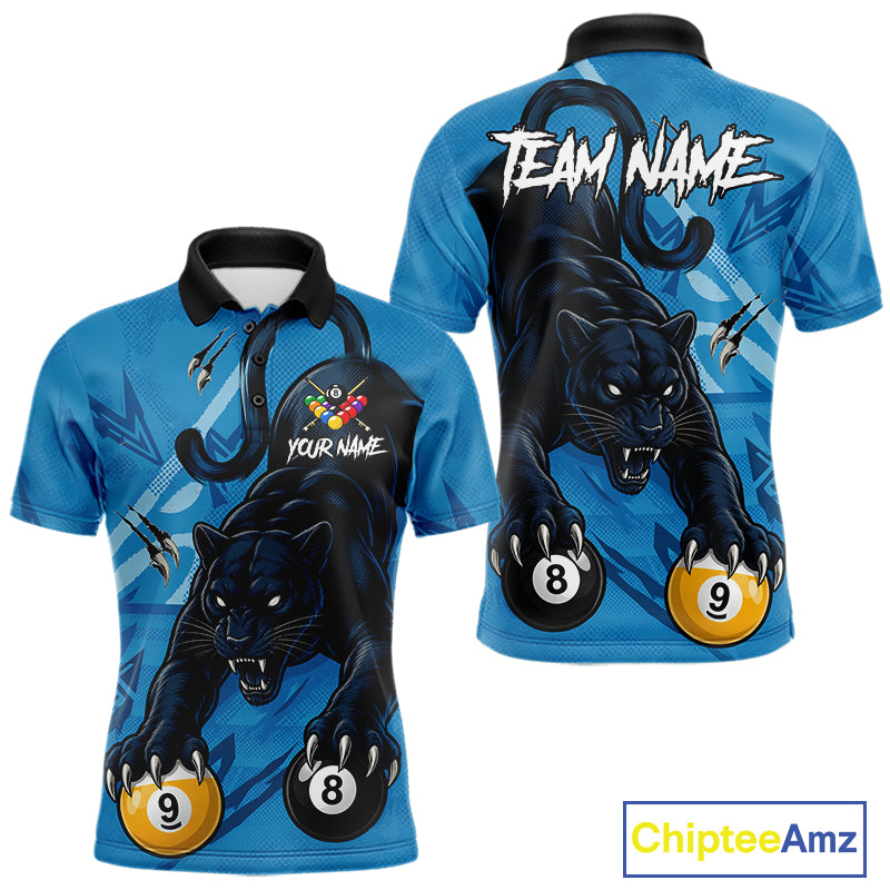 Custom Blue 8 Ball & 9 Ball Panther Billiard Shirt For Men, Billiard Team Jersey Polo & 1/4 Zip TDM6494