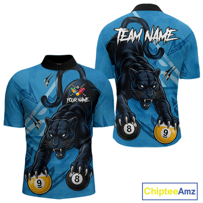 Custom Blue 8 Ball & 9 Ball Panther Billiard Shirt For Men, Billiard Team Jersey Polo & 1/4 Zip TDM6494