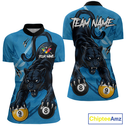 Custom Blue 8 Ball & 9 Ball Panther Billiard Shirt For Women, Billiard Team Jersey Polo & 1/4 Zip TDM6494