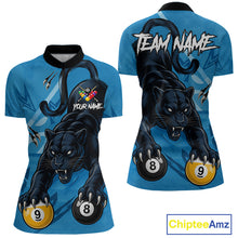 Load image into Gallery viewer, Custom Blue 8 Ball &amp; 9 Ball Panther Billiard Shirt For Women, Billiard Team Jersey Polo &amp; 1/4 Zip TDM6494