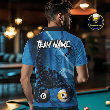 Custom Blue 8 Ball & 9 Ball Scorpion Billiard Shirt For Men, Billiard Team Jersey Polo & 1/4 Zip TDM6495