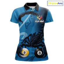 Load image into Gallery viewer, Custom Blue 8 Ball &amp; 9 Ball Scorpion Billiard Shirt For Women, Billiard Team Jersey Polo &amp; 1/4 Zip TDM6495