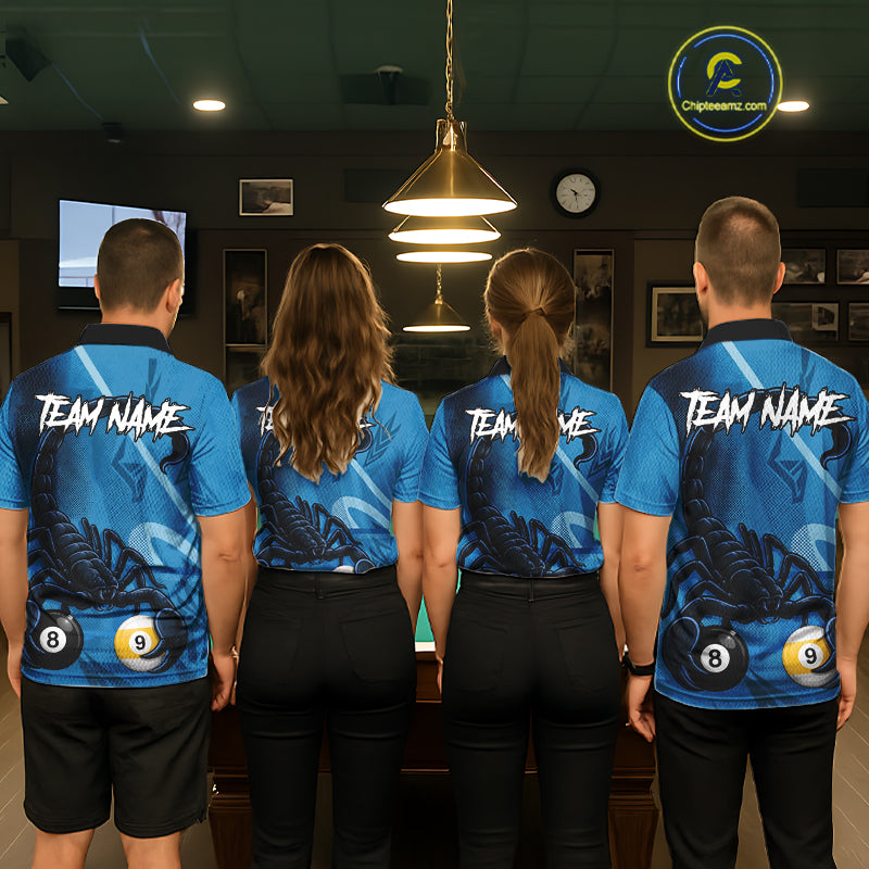 Custom Blue 8 Ball & 9 Ball Scorpion Billiard Shirt For Women, Billiard Team Jersey Polo & 1/4 Zip TDM6495