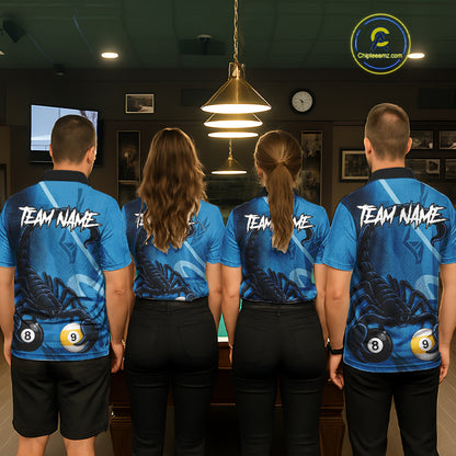 Custom Blue 8 Ball & 9 Ball Scorpion Billiard Shirt For Women, Billiard Team Jersey Polo & 1/4 Zip TDM6495