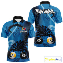 Load image into Gallery viewer, Custom Blue 8 Ball &amp; 9 Ball Scorpion Billiard Shirt For Men, Billiard Team Jersey Polo &amp; 1/4 Zip TDM6495