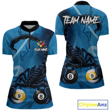 Load image into Gallery viewer, Custom Blue 8 Ball &amp; 9 Ball Scorpion Billiard Shirt For Women, Billiard Team Jersey Polo &amp; 1/4 Zip TDM6495
