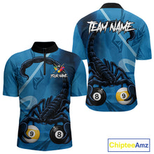 Load image into Gallery viewer, Custom Blue 8 Ball &amp; 9 Ball Scorpion Billiard Shirt For Men, Billiard Team Jersey Polo &amp; 1/4 Zip TDM6495
