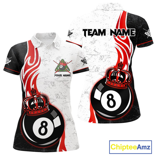 Personalized 8 Ball Pool Crown Billiard Shirt For Women Custom Pool Jersey Billiard Team Shirt |Red TDM4180