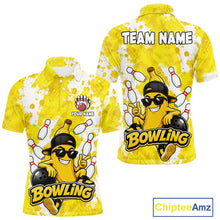 Load image into Gallery viewer, Funny yellow banana bowling polo shirt for men with custom bowling team graphics.