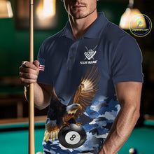 Load image into Gallery viewer, Man wearing blue camo eagle 8 ball billiard pool team jersey polo shirt featuring blue camouflage eagle artwork, front view.