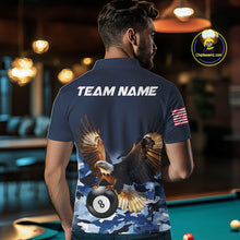 Load image into Gallery viewer, Man wearing blue camo eagle 8 ball billiard pool team jersey polo shirt featuring blue camouflage eagle artwork, back view.