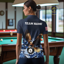 Load image into Gallery viewer, Woman wearing blue camo eagle 8 ball billiard pool team jersey polo shirt featuring blue camouflage eagle artwork, back view.
