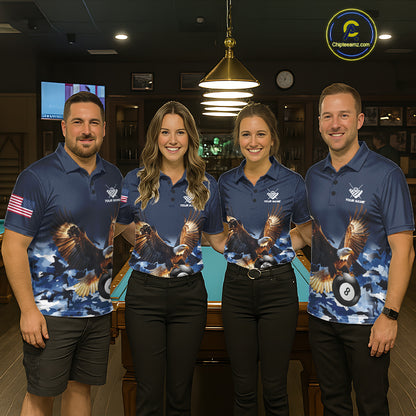 Billiard team wearing matching blue camo eagle 8 ball pool team jerseys featuring camouflage eagle graphics, front view.