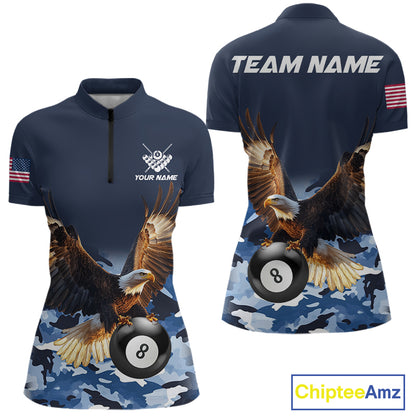 Blue camo eagle 8 ball billiard pool team jersey quarter zip shirt for women featuring premium blue camouflage eagle artwork for competitive billiard players.