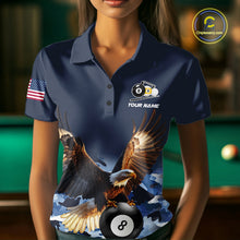 Load image into Gallery viewer, Woman wearing blue camo eagle 8 ball and 9 ball pool billiard team jersey polo shirt featuring blue camouflage eagle artwork, front view.