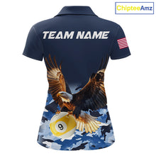 Load image into Gallery viewer, Blue camo eagle 8 ball and 9 ball pool billiard team jersey polo shirt for women featuring blue camouflage artwork with a powerful eagle, premium custom pool league apparel for tournaments and team competition.