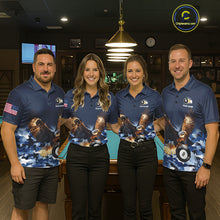 Load image into Gallery viewer, Billiard team wearing matching blue camo eagle 8 ball and 9 ball pool team jerseys featuring camouflage eagle graphics, front view.