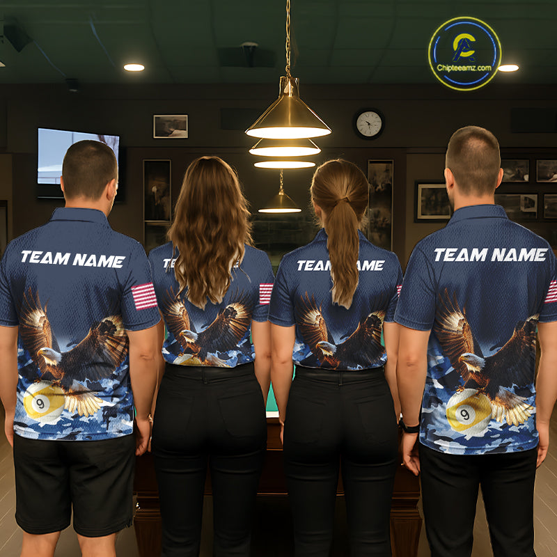 Billiard team wearing matching blue camo eagle 8 ball and 9 ball pool team jerseys featuring camouflage eagle graphics, back view.