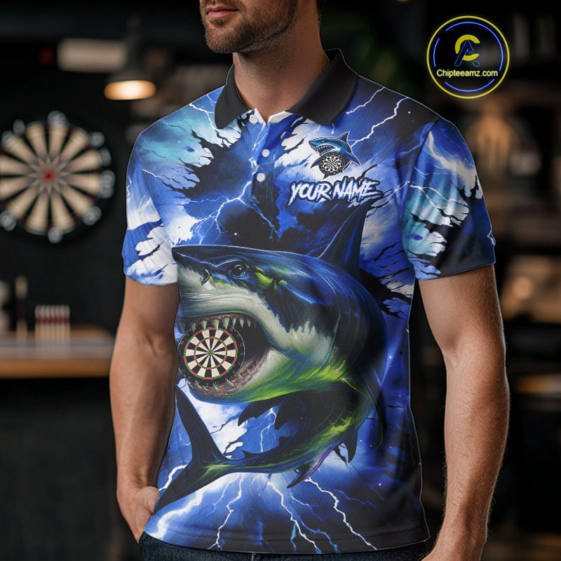 Thunder Lightning Storm Shark Darts Shirt For Men Custom Blue Darts Team Jersey Polo & Quarter Zip TDM4569