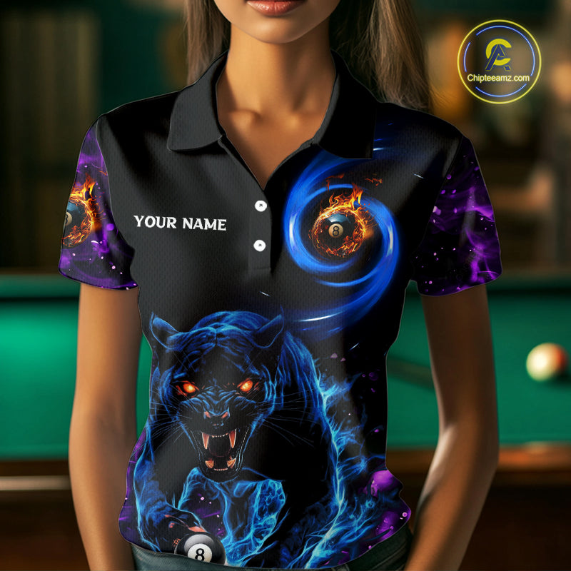 Personalized Blue Purple  Flaming 3D Panther Billiard Shirts For Women, Cool Team Billiard Jerseys TDM5196