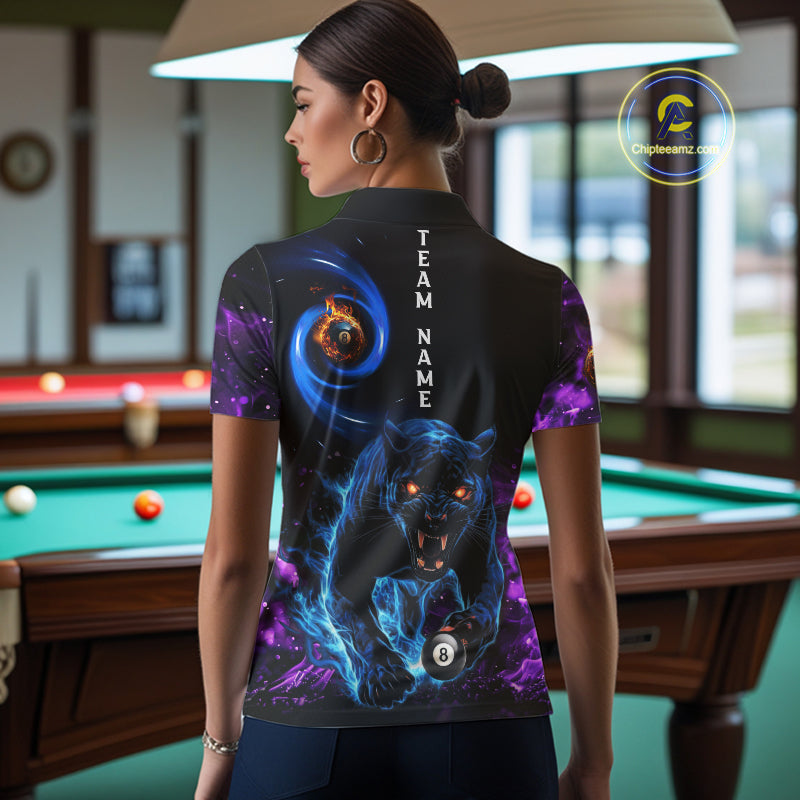 Personalized Blue Purple  Flaming 3D Panther Billiard Shirts For Women, Cool Team Billiard Jerseys TDM5196