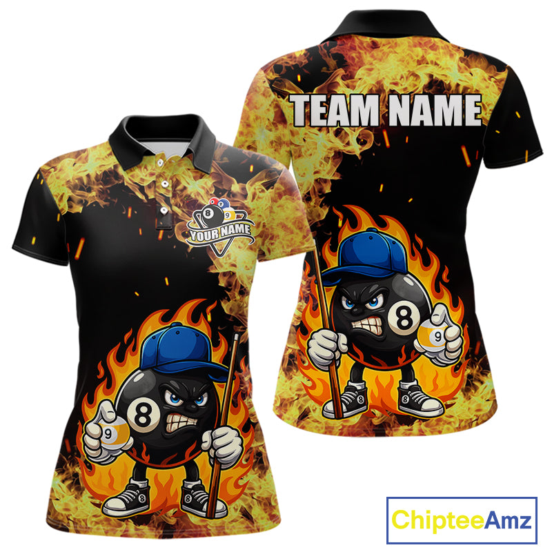 Personalized Billiard Flame Funny 8 Ball Pool Polo & 1/4 Zip For Women Custom Billiard Team Jersey TDM5201